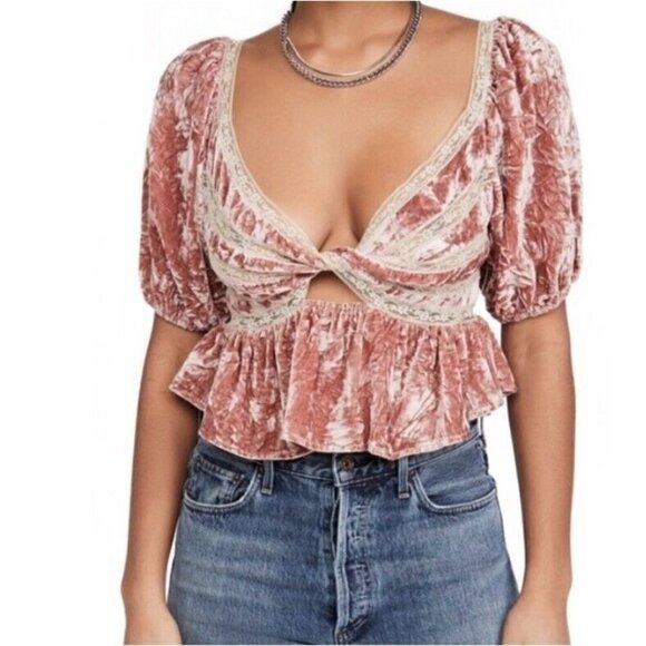 Free People Sz L Mauve Pink Velvet Peplum Ruffle Hem Cropped Smocked Top NWT NEW - Picture 8 of 16